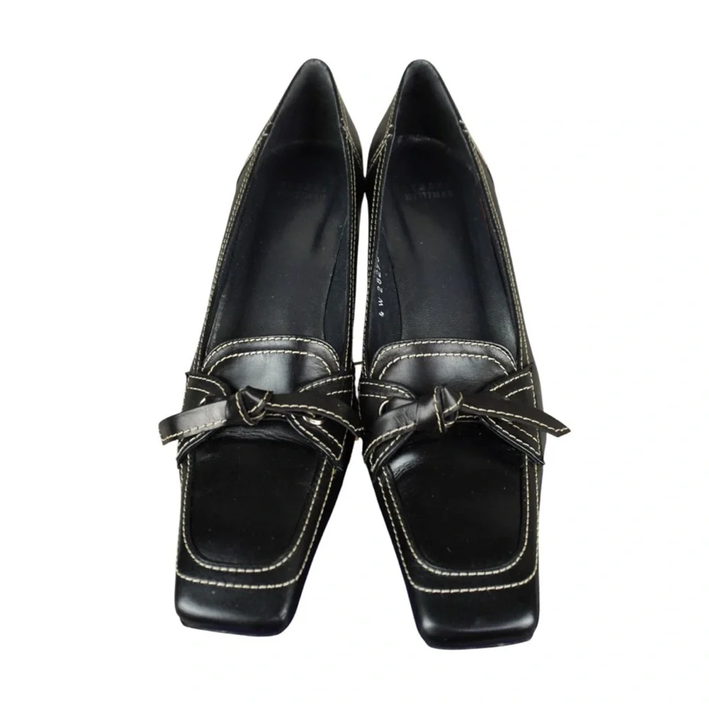 Stuart Weitzman Vtg Black Leather Square Toe Heels Size 9N Bow Tie Butler